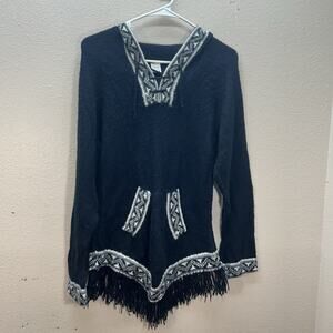 100%‎ Alpaca Sweater Ecuador Womens XS/S Fringe Southwestern Boho Hoodie Tunic